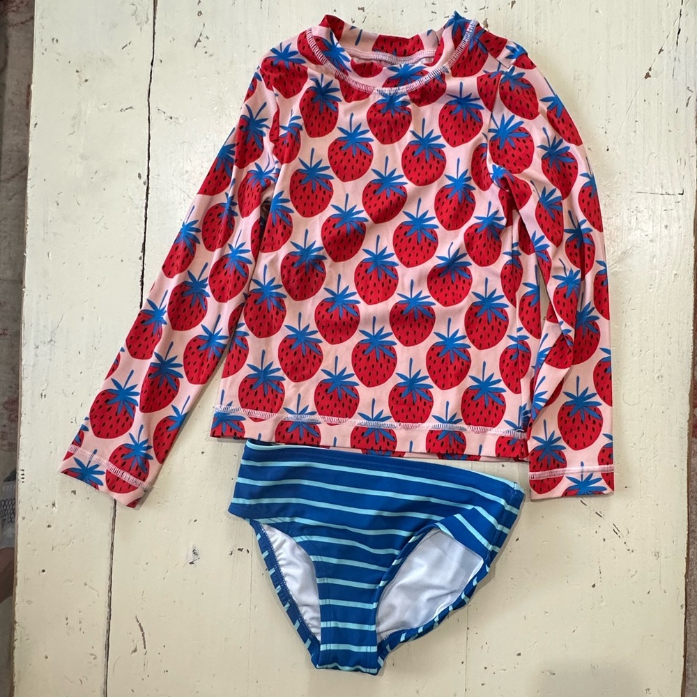 Hanna Andersson Strawberry Print rash guard with coordinated striped bottom